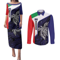 Personalised PNG Bougainville Couples Matching Puletasi and Long Sleeve Button Shirt Bird of Paradise Tattoo Flag Motif LT9 Blue - Polynesian Pride