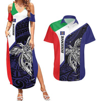 Personalised PNG Bougainville Couples Matching Summer Maxi Dress and Hawaiian Shirt Bird of Paradise Tattoo Flag Motif LT9 Blue - Polynesian Pride