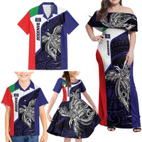 Personalised PNG Bougainville Family Matching Off Shoulder Maxi Dress and Hawaiian Shirt Bird of Paradise Tattoo Flag Motif LT9 - Polynesian Pride