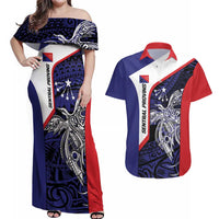 Personalised PNG Central Province Couples Matching Off Shoulder Maxi Dress and Hawaiian Shirt Bird of Paradise Tattoo Flag Motif LT9 Blue - Polynesian Pride