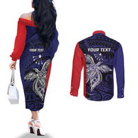 Personalised PNG Central Province Couples Matching Off The Shoulder Long Sleeve Dress and Long Sleeve Button Shirt Bird of Paradise Tattoo Flag Motif LT9 - Polynesian Pride