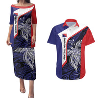 Personalised PNG Central Province Couples Matching Puletasi and Hawaiian Shirt Bird of Paradise Tattoo Flag Motif LT9 Blue - Polynesian Pride