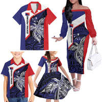 Personalised PNG Central Province Family Matching Off The Shoulder Long Sleeve Dress and Hawaiian Shirt Bird of Paradise Tattoo Flag Motif LT9 - Polynesian Pride