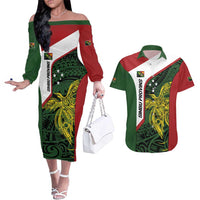 Personalised PNG Chimbu Province Couples Matching Off The Shoulder Long Sleeve Dress and Hawaiian Shirt Bird of Paradise Tattoo Flag Motif LT9 Red - Polynesian Pride