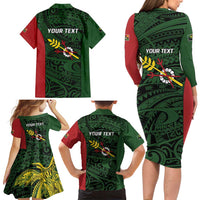 Personalised PNG Chimbu Province Family Matching Long Sleeve Bodycon Dress and Hawaiian Shirt Bird of Paradise Tattoo Flag Motif LT9 - Polynesian Pride