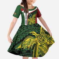 Personalised PNG Chimbu Province Family Matching Off The Shoulder Long Sleeve Dress and Hawaiian Shirt Bird of Paradise Tattoo Flag Motif LT9 Daughter's Dress Red - Polynesian Pride