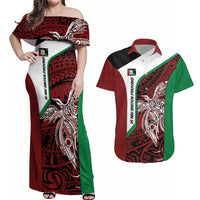 Personalised PNG East New Britain Province Couples Matching Off Shoulder Maxi Dress and Hawaiian Shirt Bird of Paradise Tattoo Flag Motif LT9 Green - Polynesian Pride