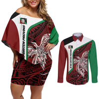 Personalised PNG East New Britain Province Couples Matching Off Shoulder Short Dress and Long Sleeve Button Shirt Bird of Paradise Tattoo Flag Motif LT9 Green - Polynesian Pride