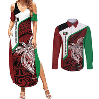 Personalised PNG East New Britain Province Couples Matching Summer Maxi Dress and Long Sleeve Button Shirt Bird of Paradise Tattoo Flag Motif LT9 Green - Polynesian Pride
