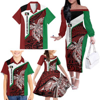 Personalised PNG East New Britain Province Family Matching Off The Shoulder Long Sleeve Dress and Hawaiian Shirt Bird of Paradise Tattoo Flag Motif LT9 - Polynesian Pride