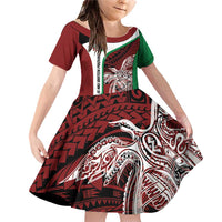 Personalised PNG East New Britain Province Family Matching Off Shoulder Short Dress and Hawaiian Shirt Bird of Paradise Tattoo Flag Motif LT9 Daughter's Dress Green - Polynesian Pride