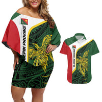 Personalised PNG East Sepik Province Couples Matching Off Shoulder Short Dress and Hawaiian Shirt Bird of Paradise Tattoo Flag Motif LT9 Green - Polynesian Pride