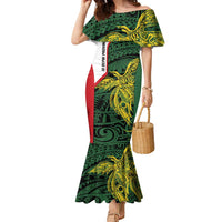 Personalised PNG East Sepik Province Family Matching Mermaid Dress and Hawaiian Shirt Bird of Paradise Tattoo Flag Motif LT9 Mom's Dress Green - Polynesian Pride