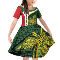 Personalised PNG East Sepik Province Family Matching Off Shoulder Short Dress and Hawaiian Shirt Bird of Paradise Tattoo Flag Motif LT9 Daughter's Dress Green - Polynesian Pride