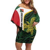 Personalised PNG East Sepik Province Family Matching Off Shoulder Short Dress and Hawaiian Shirt Bird of Paradise Tattoo Flag Motif LT9 Mom's Dress Green - Polynesian Pride