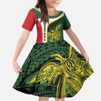 Personalised PNG East Sepik Province Family Matching Puletasi and Hawaiian Shirt Bird of Paradise Tattoo Flag Motif LT9 Daughter's Dress Green - Polynesian Pride