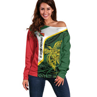 Personalised PNG East Sepik Province Off Shoulder Sweater Bird of Paradise Tattoo Flag Motif LT9 Women Green - Polynesian Pride