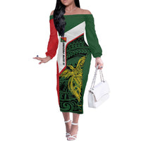 Personalised PNG East Sepik Province Off The Shoulder Long Sleeve Dress Bird of Paradise Tattoo Flag Motif LT9 Women Green - Polynesian Pride