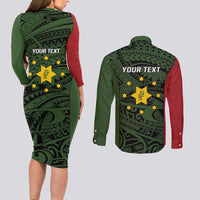 Personalised PNG Eastern Highlands Couples Matching Long Sleeve Bodycon Dress and Long Sleeve Button Shirt Bird of Paradise Tattoo Flag Motif LT9 - Polynesian Pride