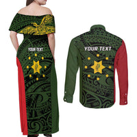 Personalised PNG Eastern Highlands Couples Matching Off Shoulder Maxi Dress and Long Sleeve Button Shirt Bird of Paradise Tattoo Flag Motif LT9 - Polynesian Pride