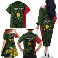 Personalised PNG Eastern Highlands Family Matching Off The Shoulder Long Sleeve Dress and Hawaiian Shirt Bird of Paradise Tattoo Flag Motif LT9 - Polynesian Pride