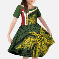 Personalised PNG Eastern Highlands Family Matching Off Shoulder Maxi Dress and Hawaiian Shirt Bird of Paradise Tattoo Flag Motif LT9 Daughter's Dress Green - Polynesian Pride