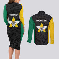 Personalised PNG Enga Province Couples Matching Long Sleeve Bodycon Dress and Long Sleeve Button Shirt Bird of Paradise Tattoo Flag Motif LT9 - Polynesian Pride