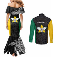 Personalised PNG Enga Province Couples Matching Mermaid Dress and Long Sleeve Button Shirt Bird of Paradise Tattoo Flag Motif LT9 - Polynesian Pride