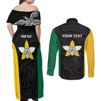 Personalised PNG Enga Province Couples Matching Off Shoulder Maxi Dress and Long Sleeve Button Shirt Bird of Paradise Tattoo Flag Motif LT9 - Polynesian Pride
