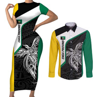 Personalised PNG Enga Province Couples Matching Short Sleeve Bodycon Dress and Long Sleeve Button Shirt Bird of Paradise Tattoo Flag Motif LT9 Green - Polynesian Pride