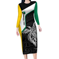 Personalised PNG Enga Province Family Matching Long Sleeve Bodycon Dress and Hawaiian Shirt Bird of Paradise Tattoo Flag Motif LT9 Mom's Dress Green - Polynesian Pride