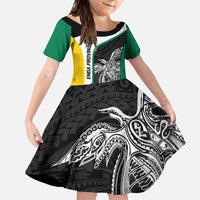 Personalised PNG Enga Province Family Matching Off Shoulder Maxi Dress and Hawaiian Shirt Bird of Paradise Tattoo Flag Motif LT9 Daughter's Dress Green - Polynesian Pride
