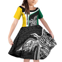 Personalised PNG Enga Province Family Matching Off Shoulder Short Dress and Hawaiian Shirt Bird of Paradise Tattoo Flag Motif LT9 Daughter's Dress Green - Polynesian Pride