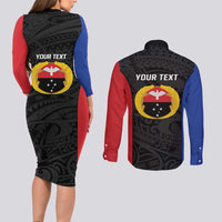 Personalised PNG Gulf Province Couples Matching Long Sleeve Bodycon Dress and Long Sleeve Button Shirt Bird of Paradise Tattoo Flag Motif LT9 - Polynesian Pride