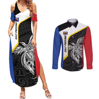 Personalised PNG Gulf Province Couples Matching Summer Maxi Dress and Long Sleeve Button Shirt Bird of Paradise Tattoo Flag Motif LT9 Black - Polynesian Pride