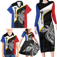 Personalised PNG Gulf Province Family Matching Long Sleeve Bodycon Dress and Hawaiian Shirt Bird of Paradise Tattoo Flag Motif LT9 - Polynesian Pride