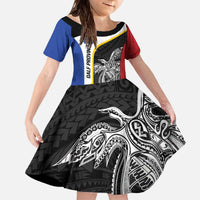 Personalised PNG Gulf Province Family Matching Off The Shoulder Long Sleeve Dress and Hawaiian Shirt Bird of Paradise Tattoo Flag Motif LT9 Daughter's Dress Black - Polynesian Pride