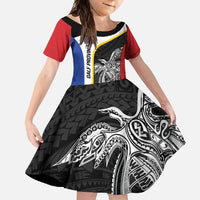 Personalised PNG Gulf Province Family Matching Off Shoulder Maxi Dress and Hawaiian Shirt Bird of Paradise Tattoo Flag Motif LT9 Daughter's Dress Black - Polynesian Pride