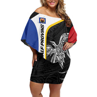 Personalised PNG Gulf Province Family Matching Off Shoulder Short Dress and Hawaiian Shirt Bird of Paradise Tattoo Flag Motif LT9 Mom's Dress Black - Polynesian Pride