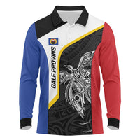 Personalised PNG Gulf Province Long Sleeve Polo Shirt Bird of Paradise Tattoo Flag Motif LT9 Black - Polynesian Pride