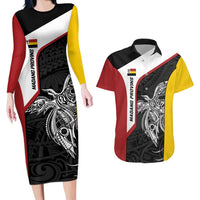 Personalised PNG Madang Province Couples Matching Long Sleeve Bodycon Dress and Hawaiian Shirt Bird of Paradise Tattoo Flag Motif LT9 Yellow - Polynesian Pride