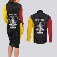 Personalised PNG Madang Province Couples Matching Long Sleeve Bodycon Dress and Long Sleeve Button Shirt Bird of Paradise Tattoo Flag Motif LT9 - Polynesian Pride