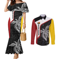 Personalised PNG Madang Province Couples Matching Mermaid Dress and Long Sleeve Button Shirt Bird of Paradise Tattoo Flag Motif LT9 Yellow - Polynesian Pride