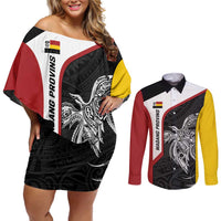 Personalised PNG Madang Province Couples Matching Off Shoulder Short Dress and Long Sleeve Button Shirt Bird of Paradise Tattoo Flag Motif LT9 Yellow - Polynesian Pride