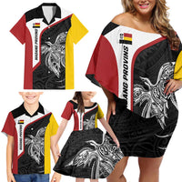 Personalised PNG Madang Province Family Matching Off Shoulder Short Dress and Hawaiian Shirt Bird of Paradise Tattoo Flag Motif LT9 - Polynesian Pride