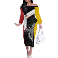 Personalised PNG Madang Province Off The Shoulder Long Sleeve Dress Bird of Paradise Tattoo Flag Motif LT9 Women Yellow - Polynesian Pride
