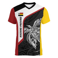 Personalised PNG Madang Province Women V-Neck T-Shirt Bird of Paradise Tattoo Flag Motif LT9 Female Yellow - Polynesian Pride