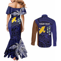 Personalised PNG Manus Province Couples Matching Mermaid Dress and Long Sleeve Button Shirt Bird of Paradise Tattoo Flag Motif LT9 - Polynesian Pride