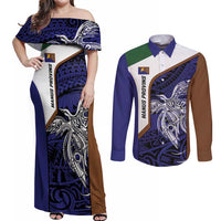 Personalised PNG Manus Province Couples Matching Off Shoulder Maxi Dress and Long Sleeve Button Shirt Bird of Paradise Tattoo Flag Motif LT9 Blue - Polynesian Pride
