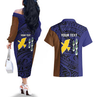 Personalised PNG Manus Province Couples Matching Off The Shoulder Long Sleeve Dress and Hawaiian Shirt Bird of Paradise Tattoo Flag Motif LT9 - Polynesian Pride